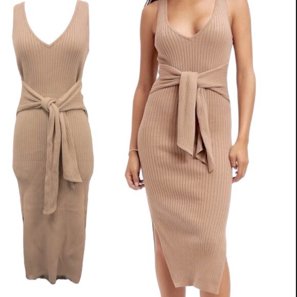 Good American Sleeveless NWT Belted Body Dress Ribbed Knit Midi Taupe Size Small - Picture 5 of 8